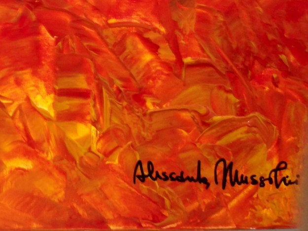 Particolare di "Città in fiamme" con firma di Alessandra Mussolini. Foto Safarik Art Magazine