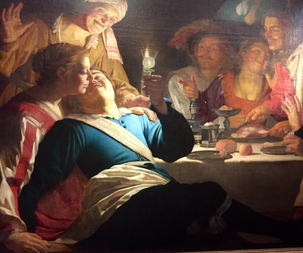 Gerrit van Honthorst, Compagnia allegra (Il figliol prodigo), olio su tela, cm. 130x196, Monaco di Baviera, Alte Pinakothek, 1622. Mostra Gherardo delle Notti agli Uffizi di Firenze. Foto Safarik Art Magazine