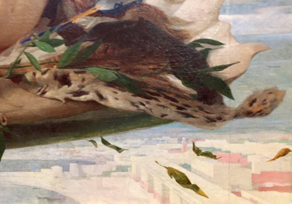 Edouard Toudouze, Eros e Afrodite (particolare pelliccia e foglie), 1872, olio su tela, cm. 190x283, Rennes, Musée de Beaux-Arts, deposito del Fonds national d'art contemporain, inv FNAC PFH-2462. Accademia di Francia a Roma, Mostra 350 anni di creatività, 2016-17. Foto Safarik Art Magazine