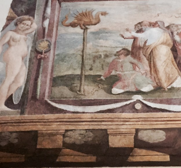 Affreschi dell'ingresso di Palazzo Del Drago, Roma, Via dei Coronari, con suo ritratto. Foto Safarik Art Magazine