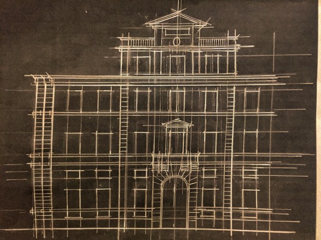 Disegno architettonico su carta della sede della Facoltà di Architettura de La Sapienza di Roma in Piazza Borghese 9. Foto Safarik Art Magazine