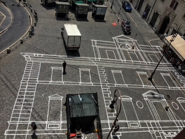 Disegno architettonico su Piazza Borghese a Roma. Foto Safarik Art Magazine