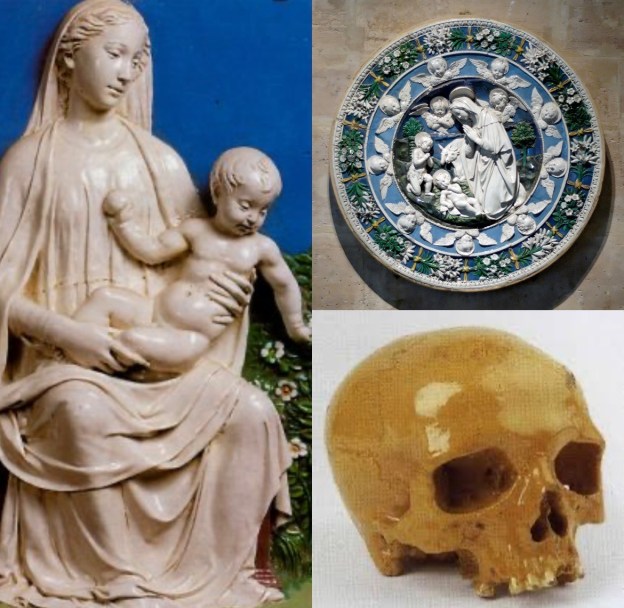 Luca (di Simone) della Robbia, Madonna del Roseto a Firenze nel Museo del Bargello; Andrea della Robbia, Madonna col Bambino, Parigi Museo del Louvre; Luca della Robbia il Giovane, Teschio, Milano Castello Sforzesco