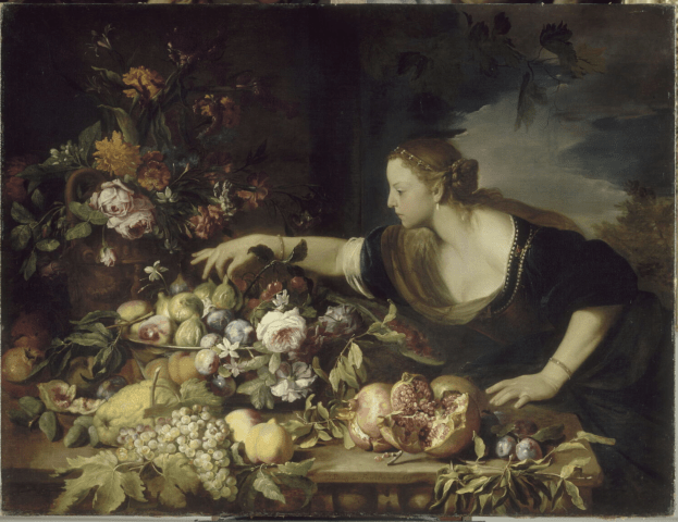 Abraham Brueghel (1631-1697), Donna con fiori e frutta, firmato e datato "A. Breugel fecit Roma 1669", Parigi Museo del Louvre, olio su tela, cm. 128x149
