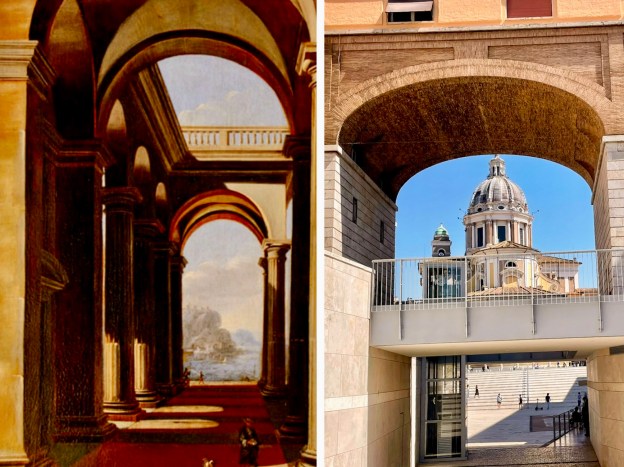 Dipinto a sin.: Viviamo Codazzi (1604–1670), Veduta di colonnato con figura e cane, post 1747, olio su tela, cm 97.8 × 73 Roma, Galleria Spada. Foto SAM a dx: Veduta di Roma architettonica con la cupola di San Carlo da Piazza Augusto Imperatore (2026)